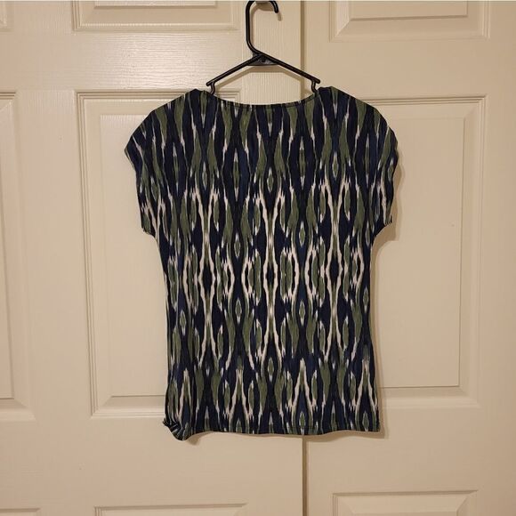 NWOT MICHAEL Michael Kors green/navy/white smeared short-sleeved blouse - Picture 5 of 6